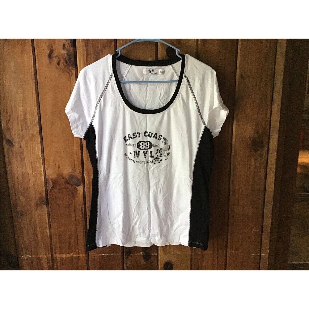 New York Laundry Womens Graphic Top Size XL Black White Varsity League Tee